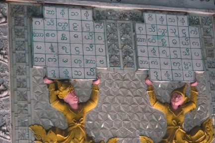 A tiled 'diagram' on a temple wall above some relief figures.