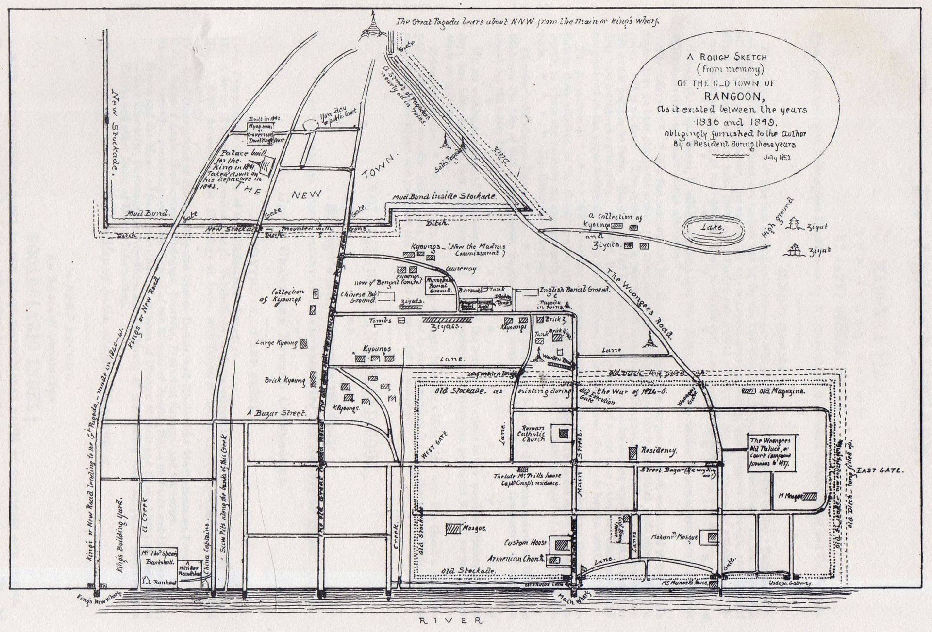 A hand-drawn map of Rangoon.