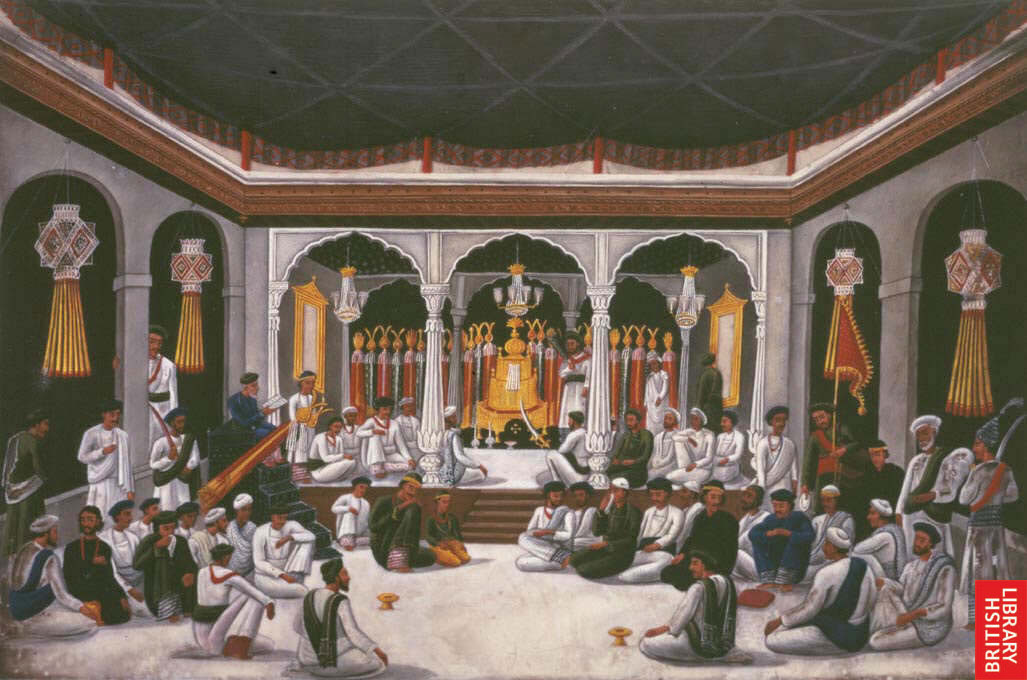 Ashrakhan interior, showing people gathered for worship.