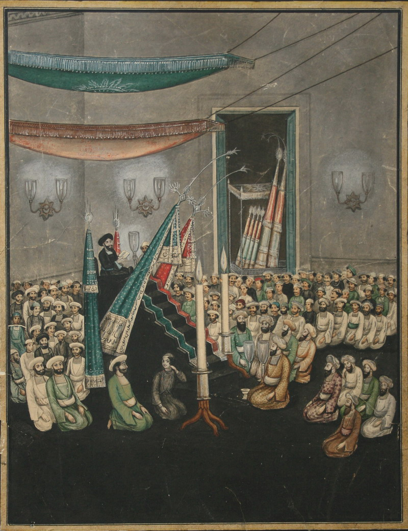 Artwork of people gathered inside the Ashrakhan, listening to a man give a sermon.