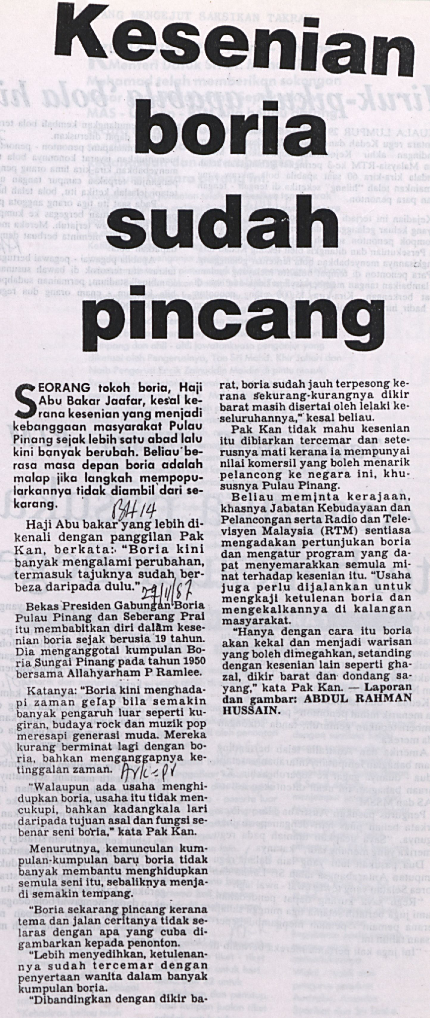 Malay newspaper article discussing Boria.