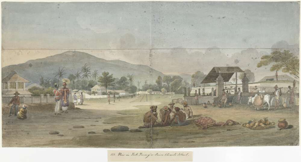 A drawing of a landscape with a mountain in the distance, and people going about their lives.