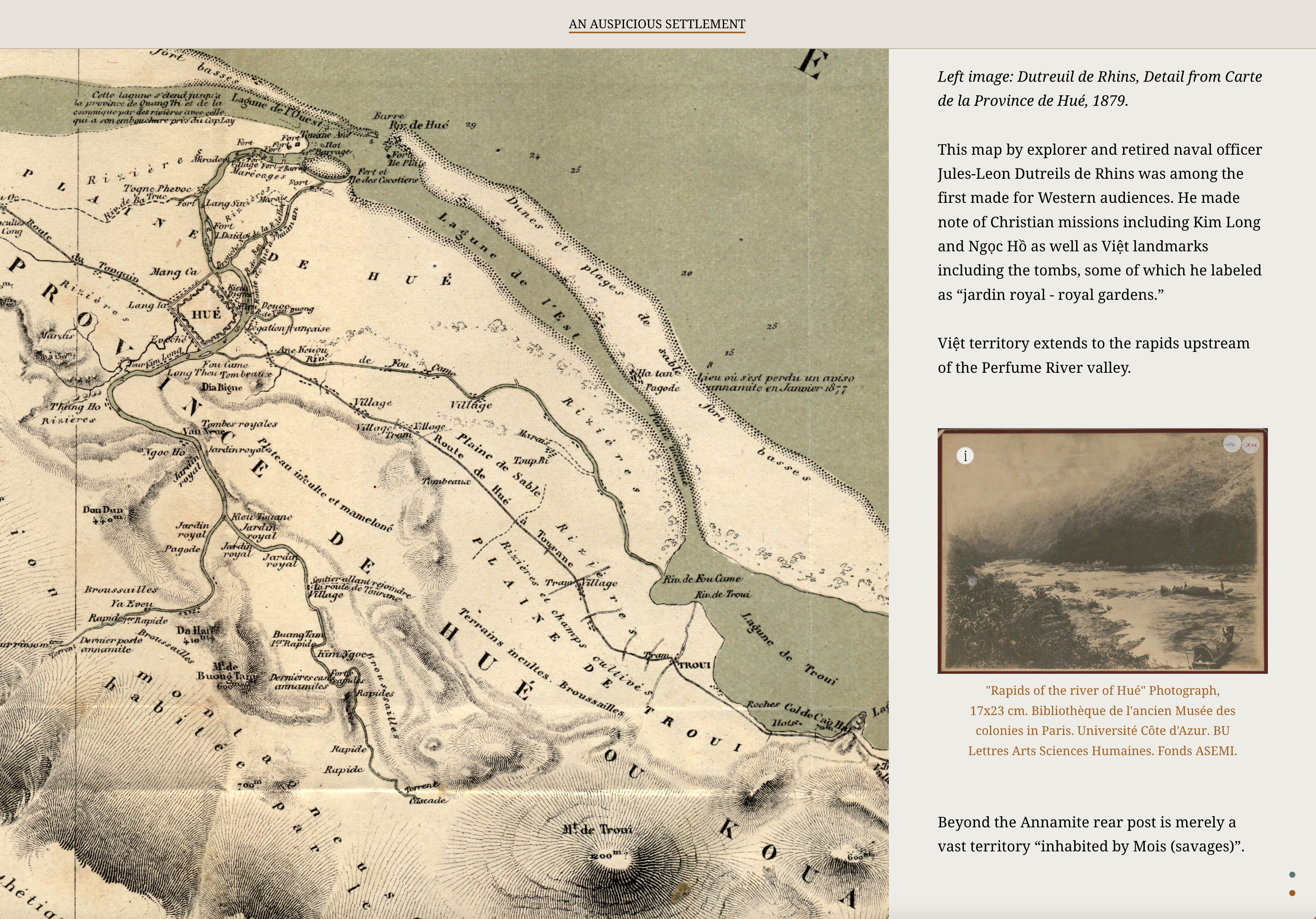 A colonial map of Huế, Vietnam, with commentary beside that notes the labelling of tombs as royal gardens.