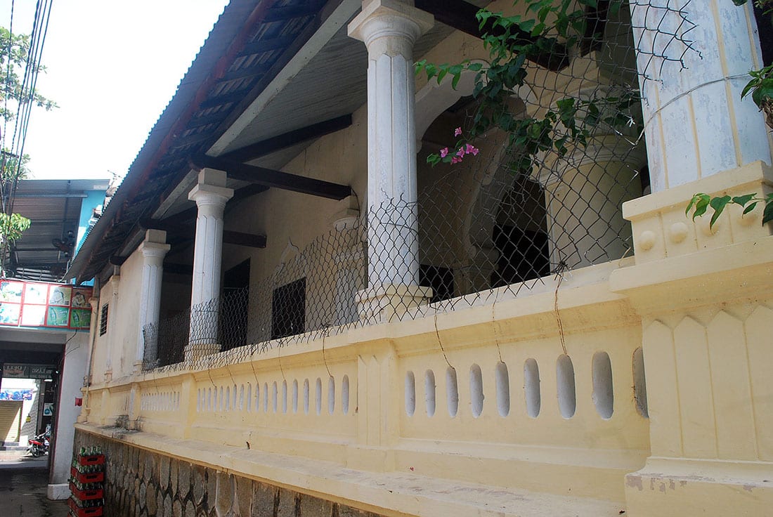 An awning and columns outside the mosque.