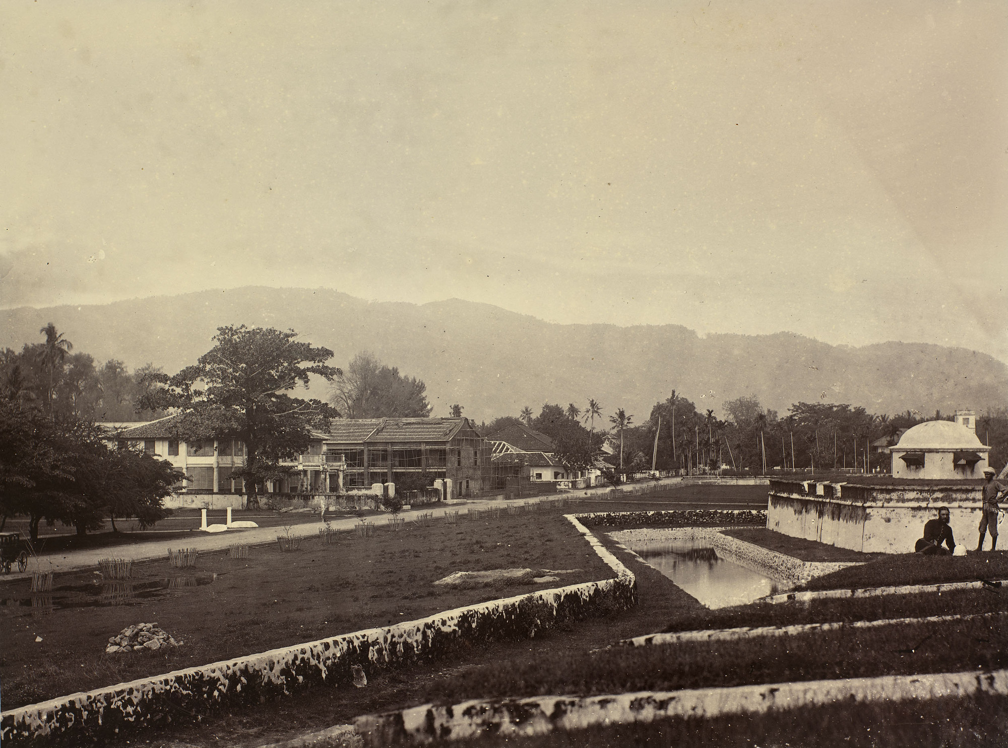 Black and white photo of the grounds inside Fort Cornwallis.