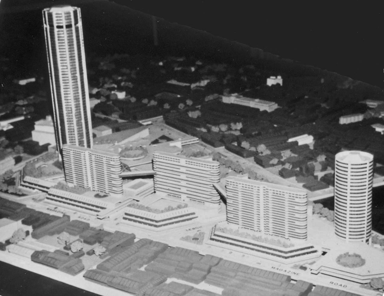 A black and white photograph of an architectural model for a skyscraper.