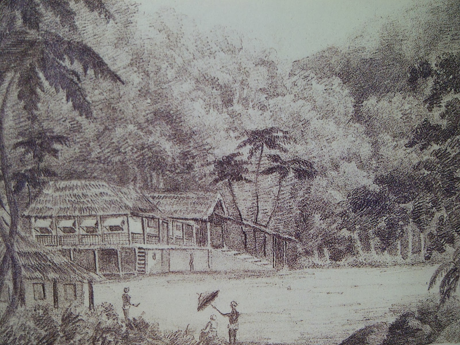 A sketch of Leong San Tong, a large hall in the jungle.