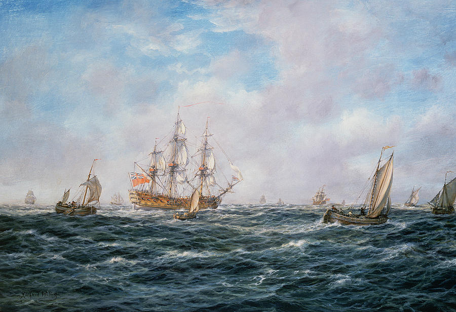 A painting of several ships on the ocean. The largest is the Men-of-war, Satellite.