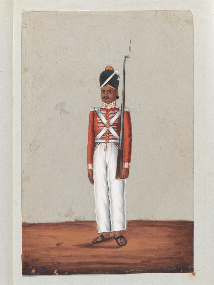 A painting of a single infantryman. He is standing front-on.