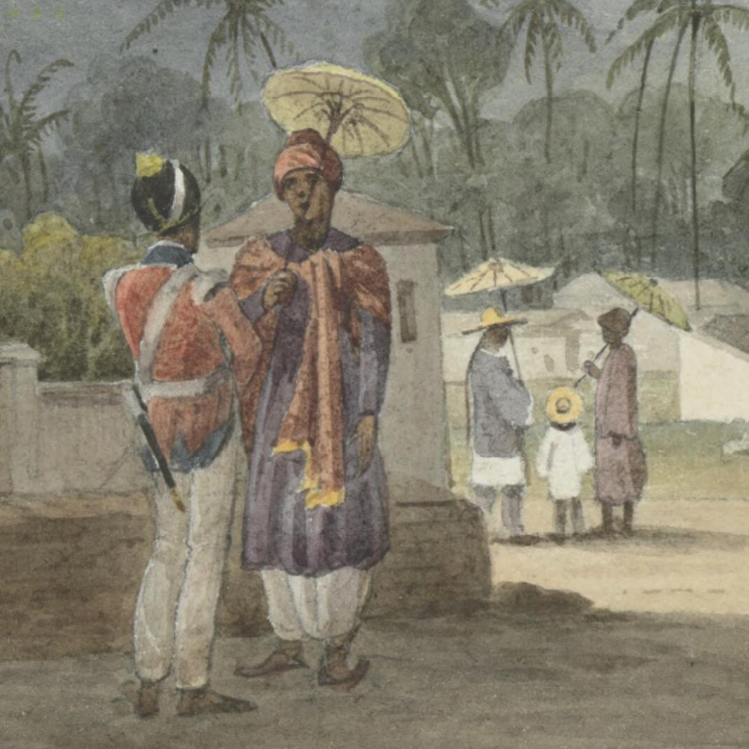 Detail of a painting showing an infantryman talking to a person with a parasol.