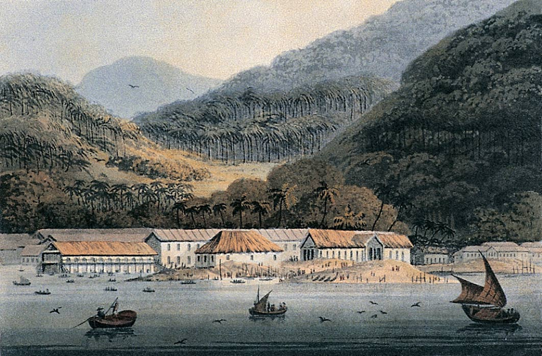 Painting of a waterfront building with boats out on the water. A jungle stretches up the mountain in the background.