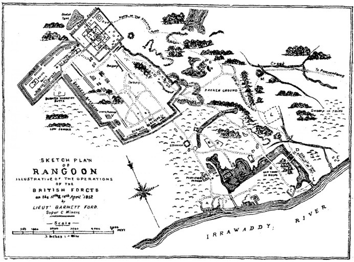 An old black and white map of Rangoon.