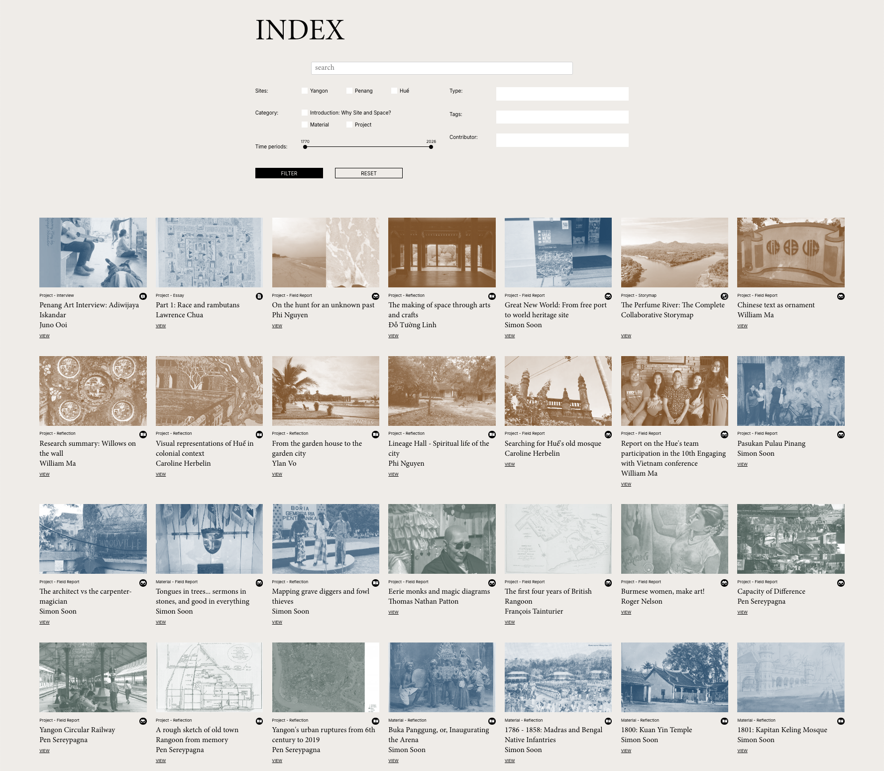 Screenshot of the Site and Space in Southeast Asia content and materials index