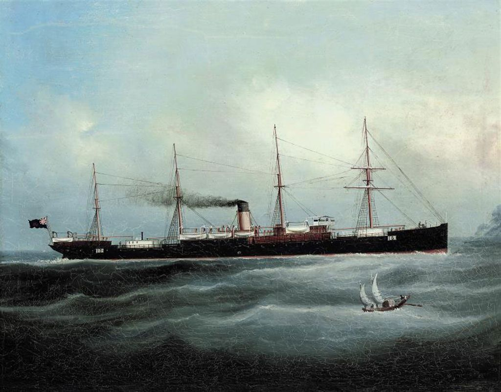 A painting of a steam ship flying the British flag.