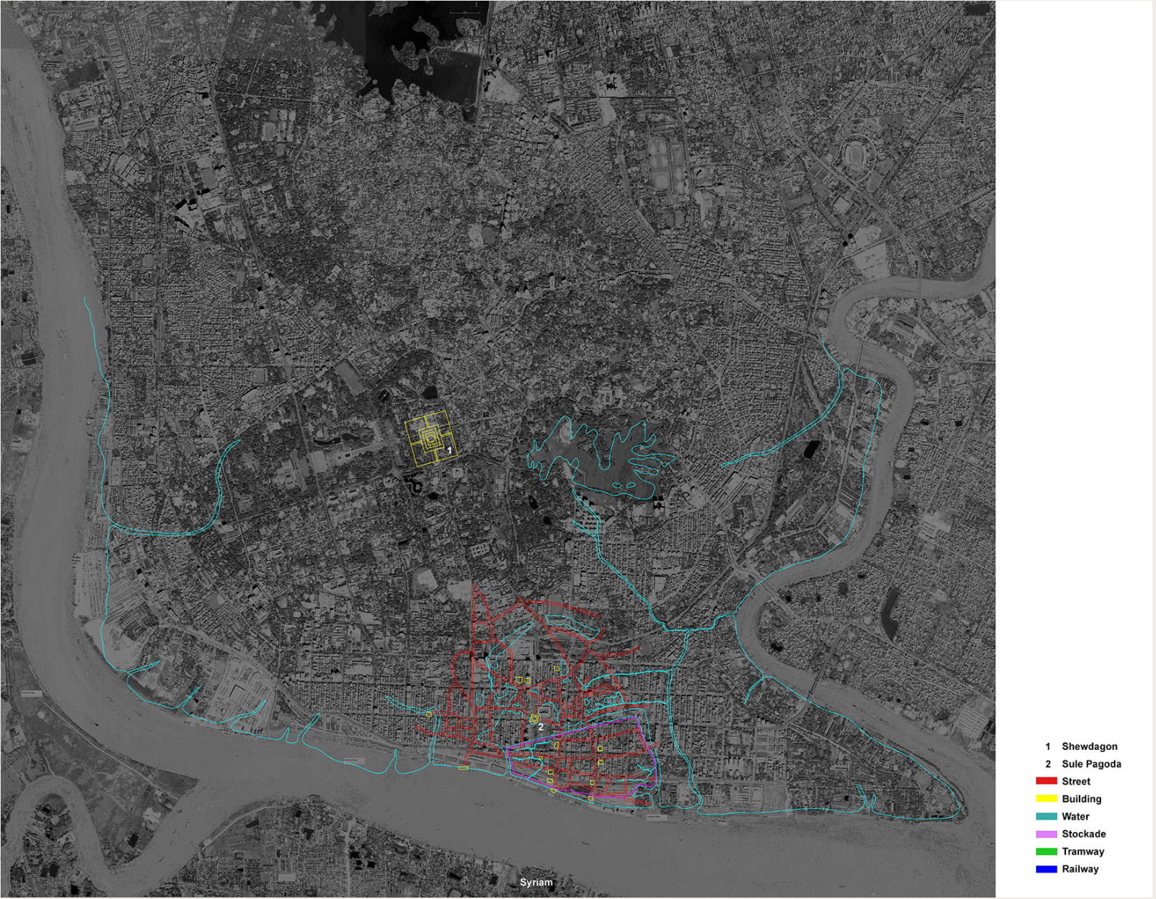 Digital map showing layers of urban development in Yangon by Pen Sereypagna.
