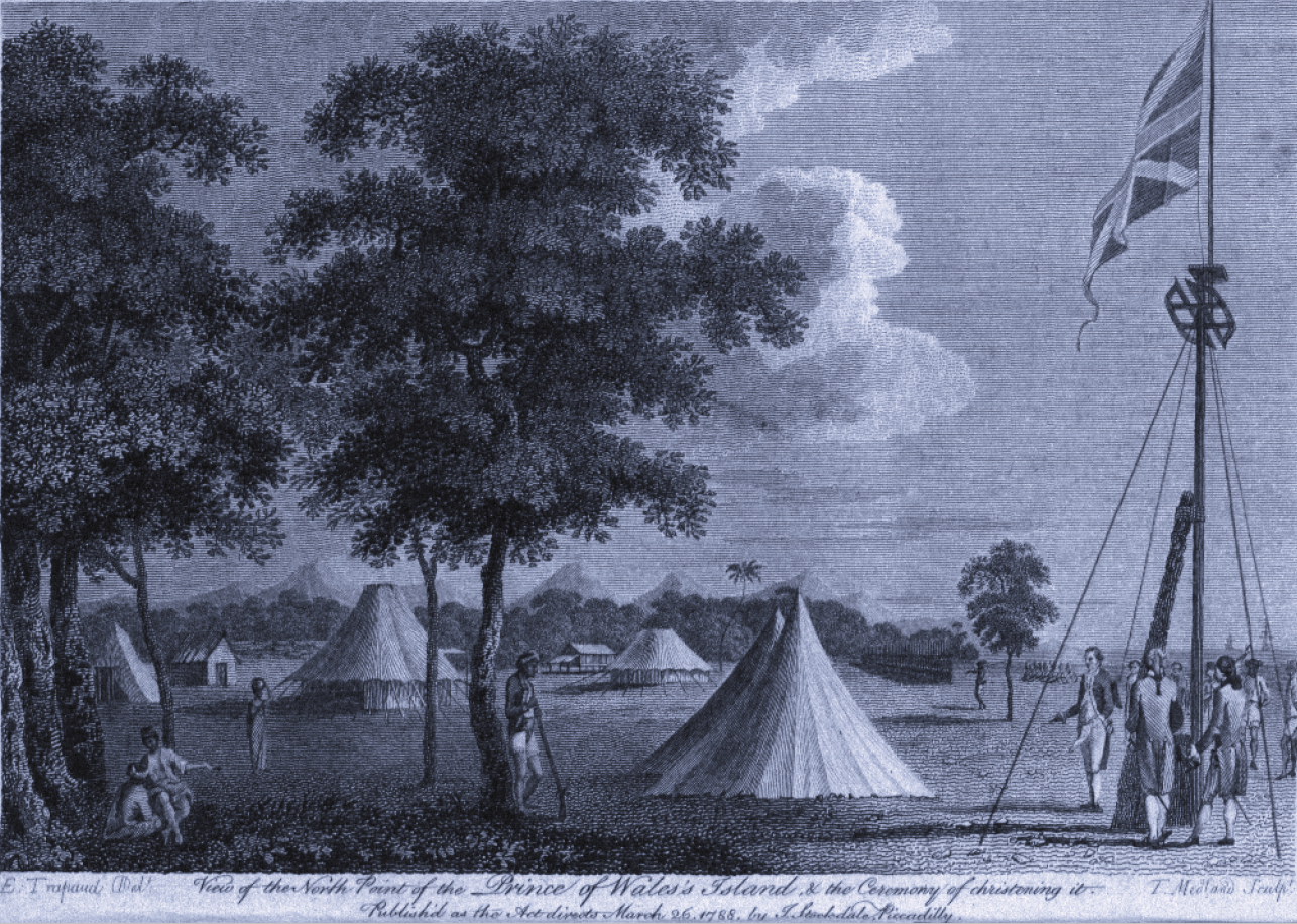 Drawing of the 'christening' of the island. Tents surround a flagpole with the Union Jack being raised.