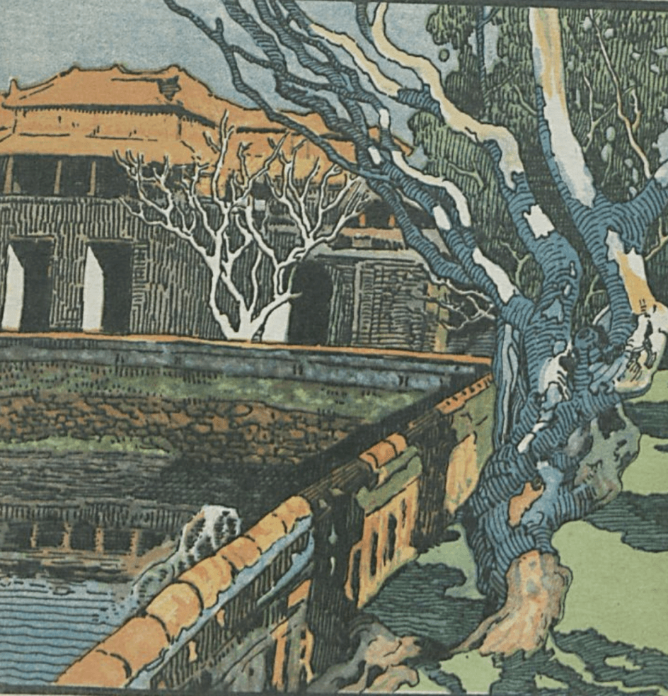 A painting of the Imperial Palace and surrounding trees in cool tones.