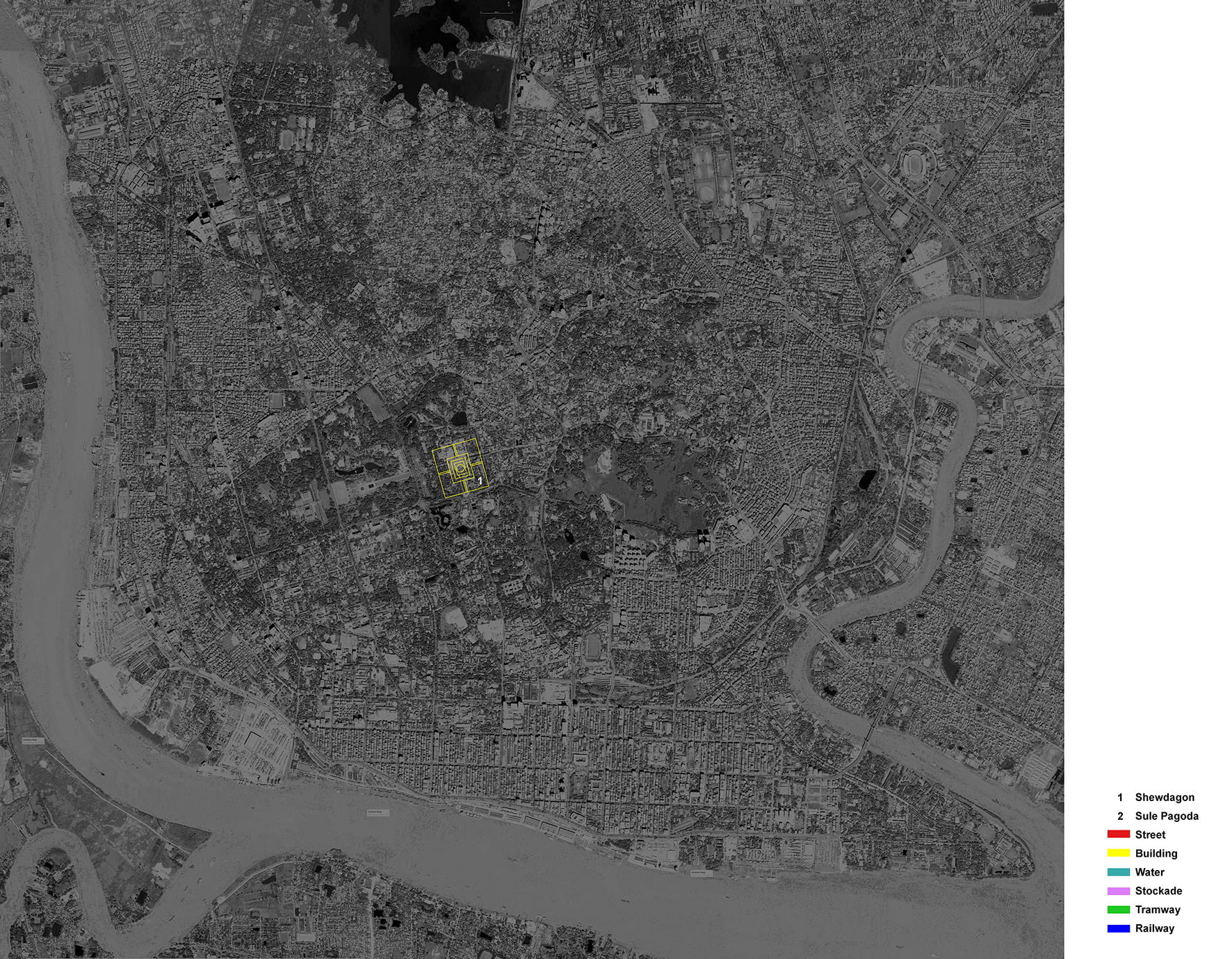 A satellite image of Yangon.