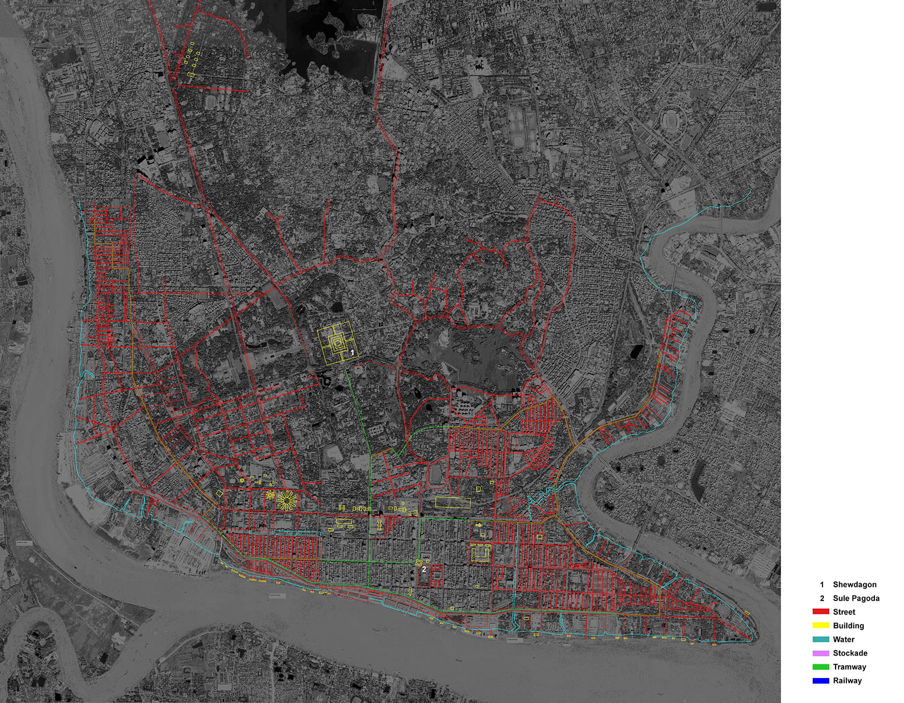 A satellite image of Yangon.