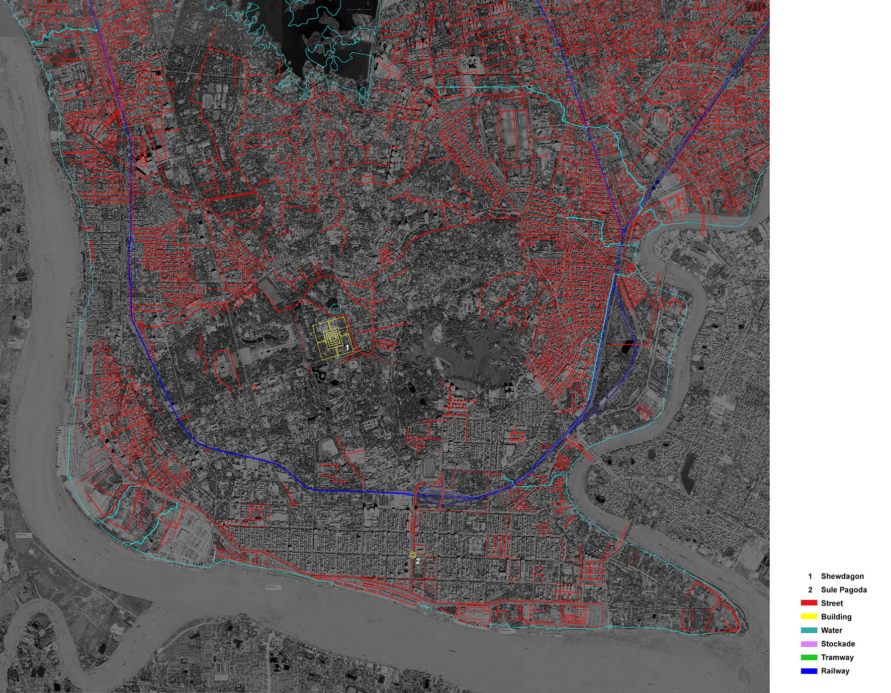 A satellite image of Yangon.