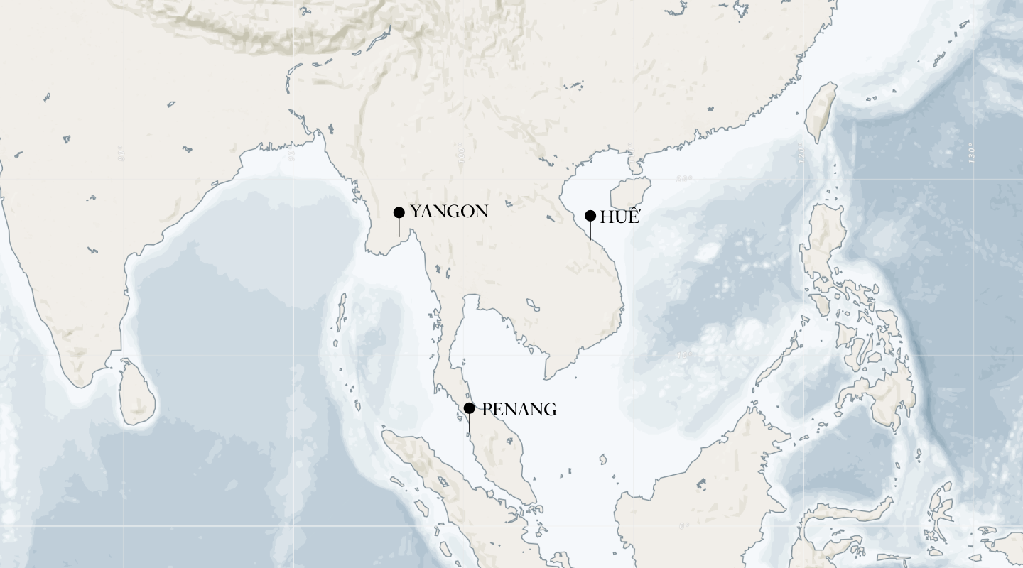 A map showing the location of Yangon, Hue, and Penang.