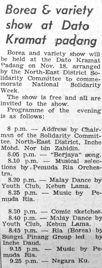 Newspaper article titled 'Borea and variety show at Dato Kramat padang'.