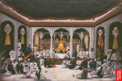 Ashrakhan interior, showing people gathered for worship.