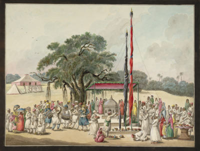 Painting of festivities outdoors, with music and tall flags.