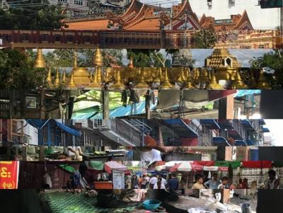 A collage of different photographs of the built environment around Yangon.