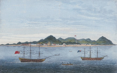 Painting of tall ships bearing colonial flags sailing into Penang.