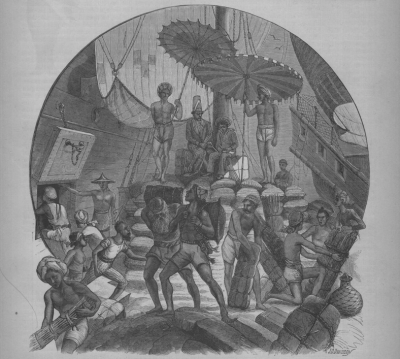 Drawing of workers bringing supplies by boat.