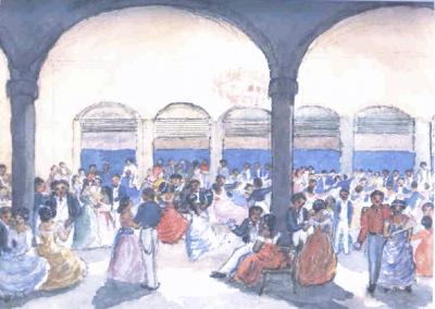 Painting of young couples dressed in a European style at a ball.