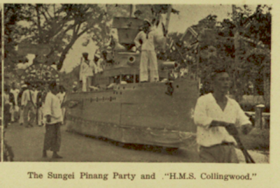 A procession of the Sungei Pinang Party and a parade float called the HMS Collingwood.