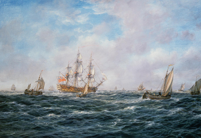 A painting of several ships on the ocean. The largest is the Men-of-war, Satellite.