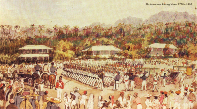 Watercolour of a large troupe of infantry at a Fort in Penang.