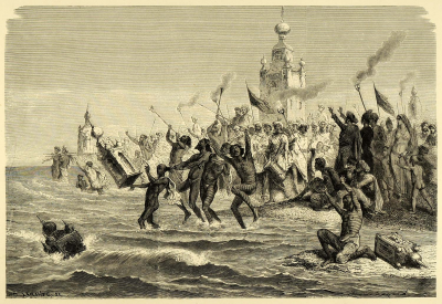 Drawing showing celebrations on the shore.