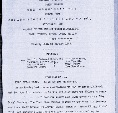 The front page of a report on the enquiry into the 1867 riots.