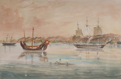 Painting of tallships sailing into harbour.