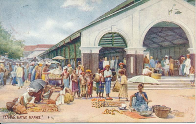 Painting of Utan Mayet, captioned 'Penang Native Market'.