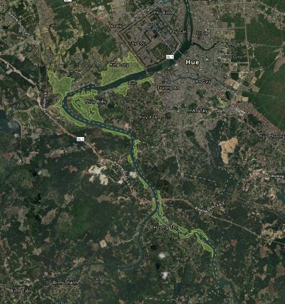A map showing areas of settlement along the Perfume River, Hue, Vietnam